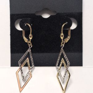 Two tone Gold 10k Dangling Dual Diamond Shaped Earrings