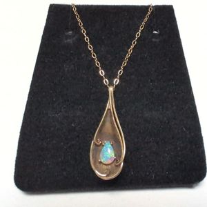 Yellow Gold 14k Chain Link Necklace With Opal Pendant Sz:17"